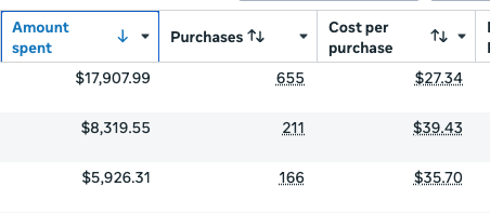 Ads manager purchase table showing amount spent, purchases, and cost per purchase for content-led AI ads