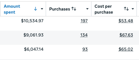 Ads manager purchase table showing amount spent, purchases, and cost per purchase for content-led AI ads