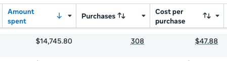 Ads manager screenshot showing amount spent and cost per purchase for a content-led AI ad