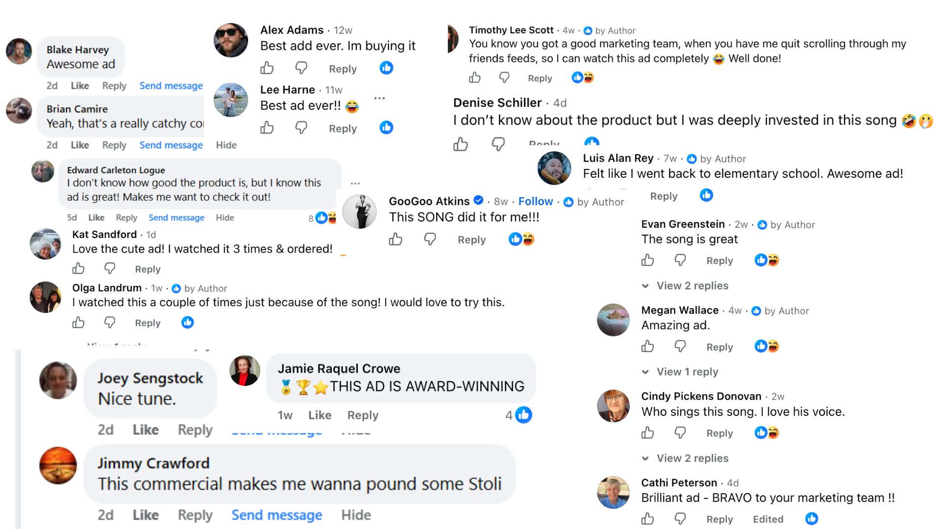 Screenshots of real Facebook comments praising the ads and the song in them