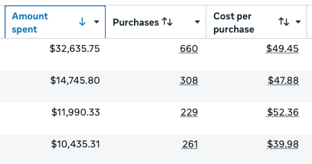 Ads manager purchase table showing amount spent, purchases, and cost per purchase for content-led AI ads
