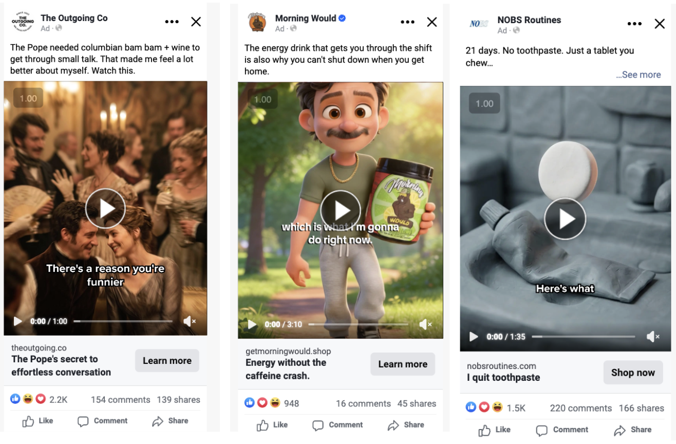 Three content-led AI ads running live in the Facebook feed with thousands of reactions, comments, and shares